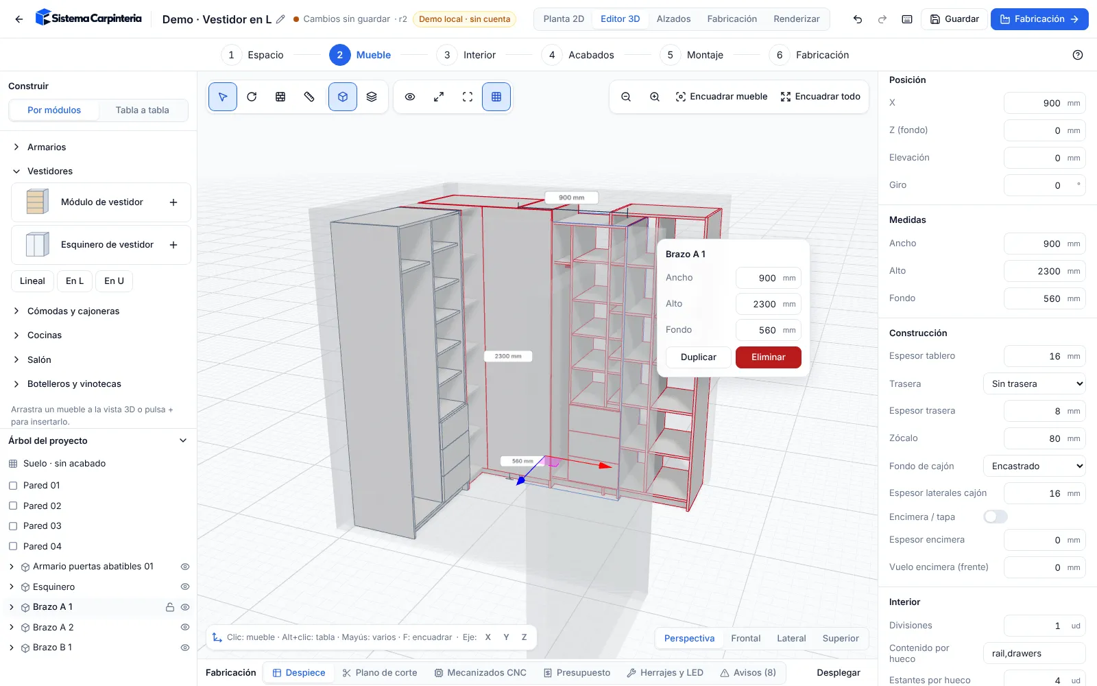 Editor de Sistema Carpintería con un vestidor en L en 3D