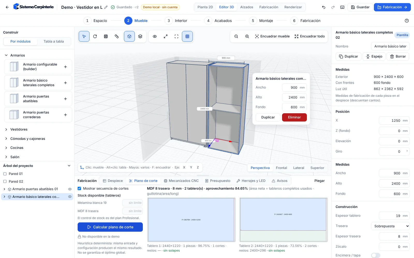 Plano de corte optimizado de tableros en Sistema Carpintería